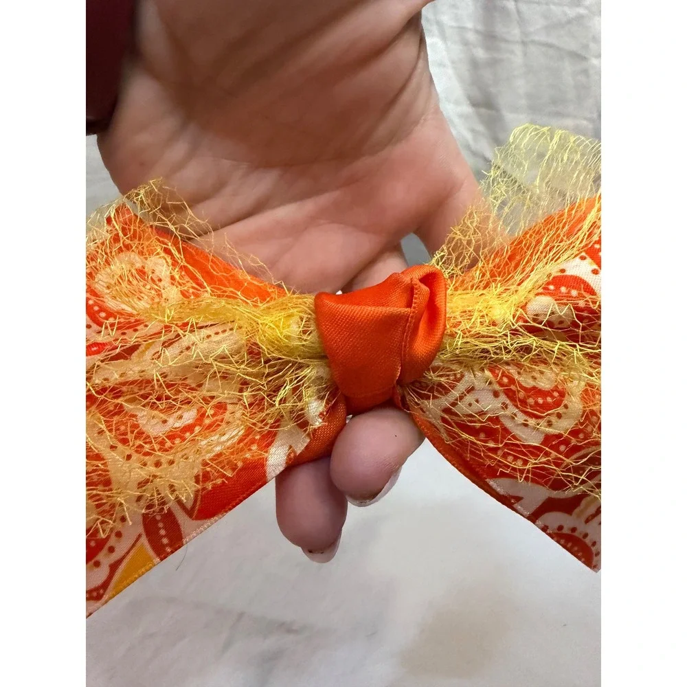 Orange Yellow Paisley Print Hair Bow Alligator Clip Textured Mesh Overlay